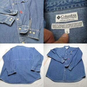 Vintage Columbia Denim Shirt Mens Large Blue Cotton Pocket Long Sleeve Button Up